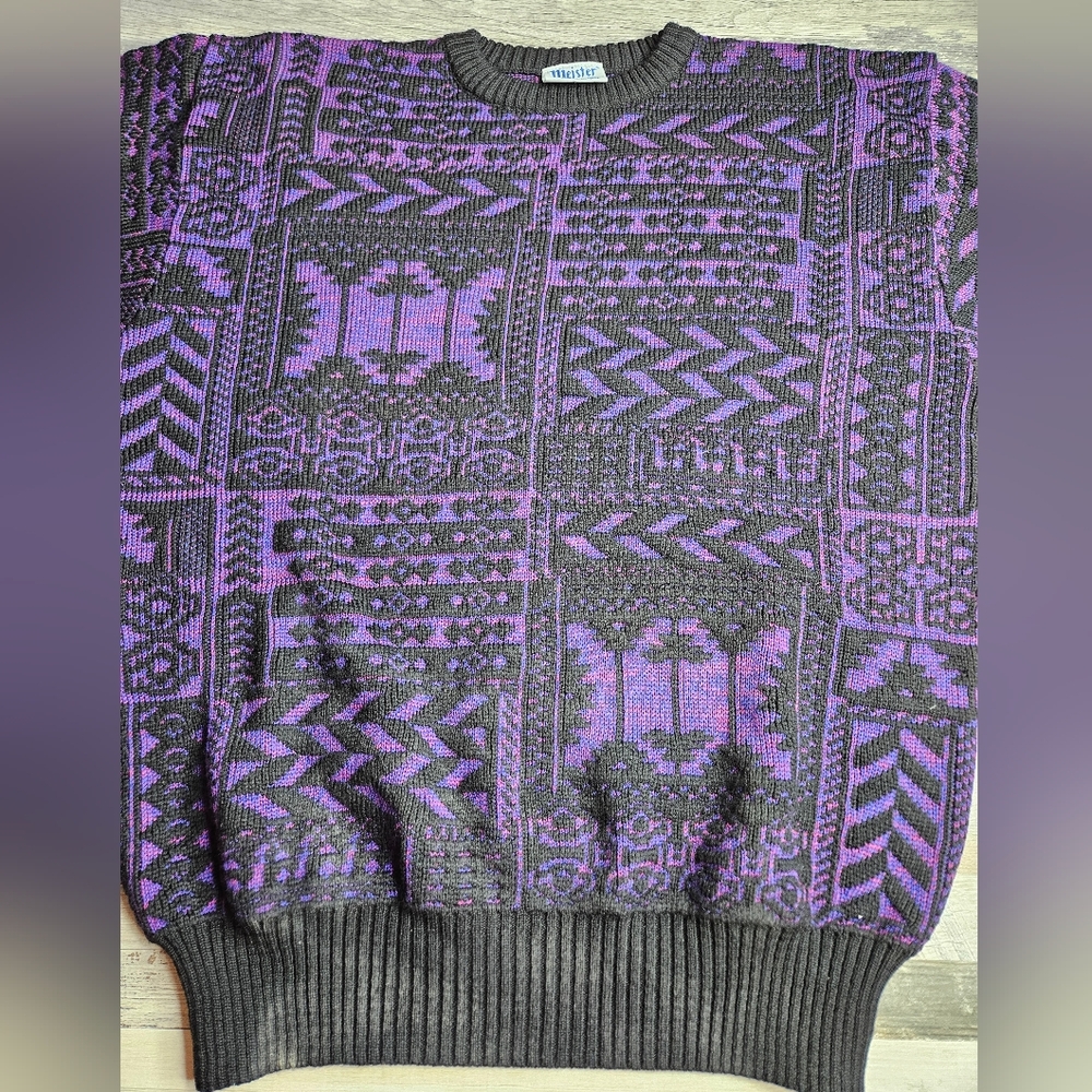Meister Vintage Sweater Black & Purple Size XL - Picture 2 of 9